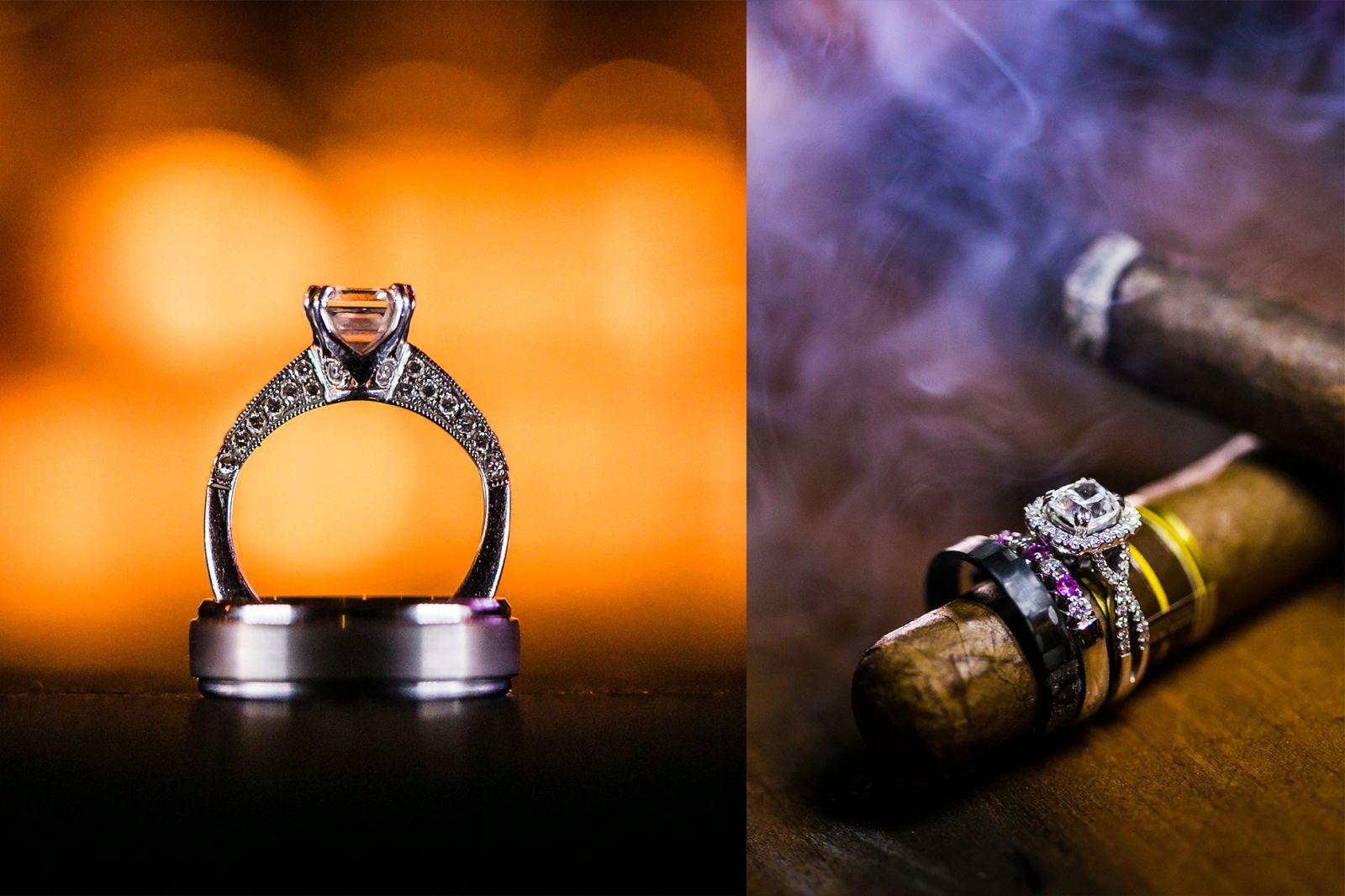 Diamond ring illuminated by LED pen lights creating dramatic rim lighting effect
