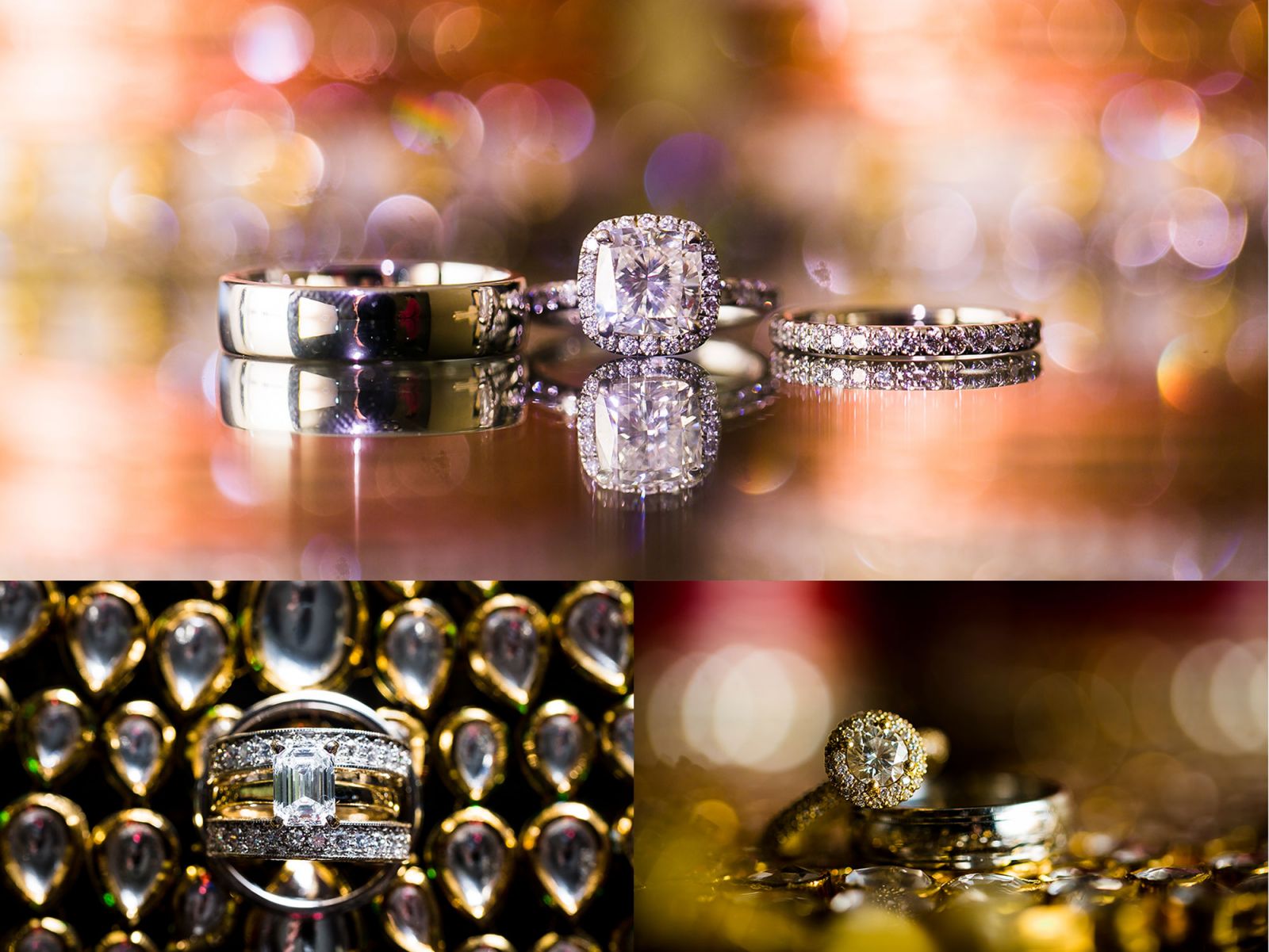Wedding rings photographed against sparkling bridal jewelry creating bokeh background