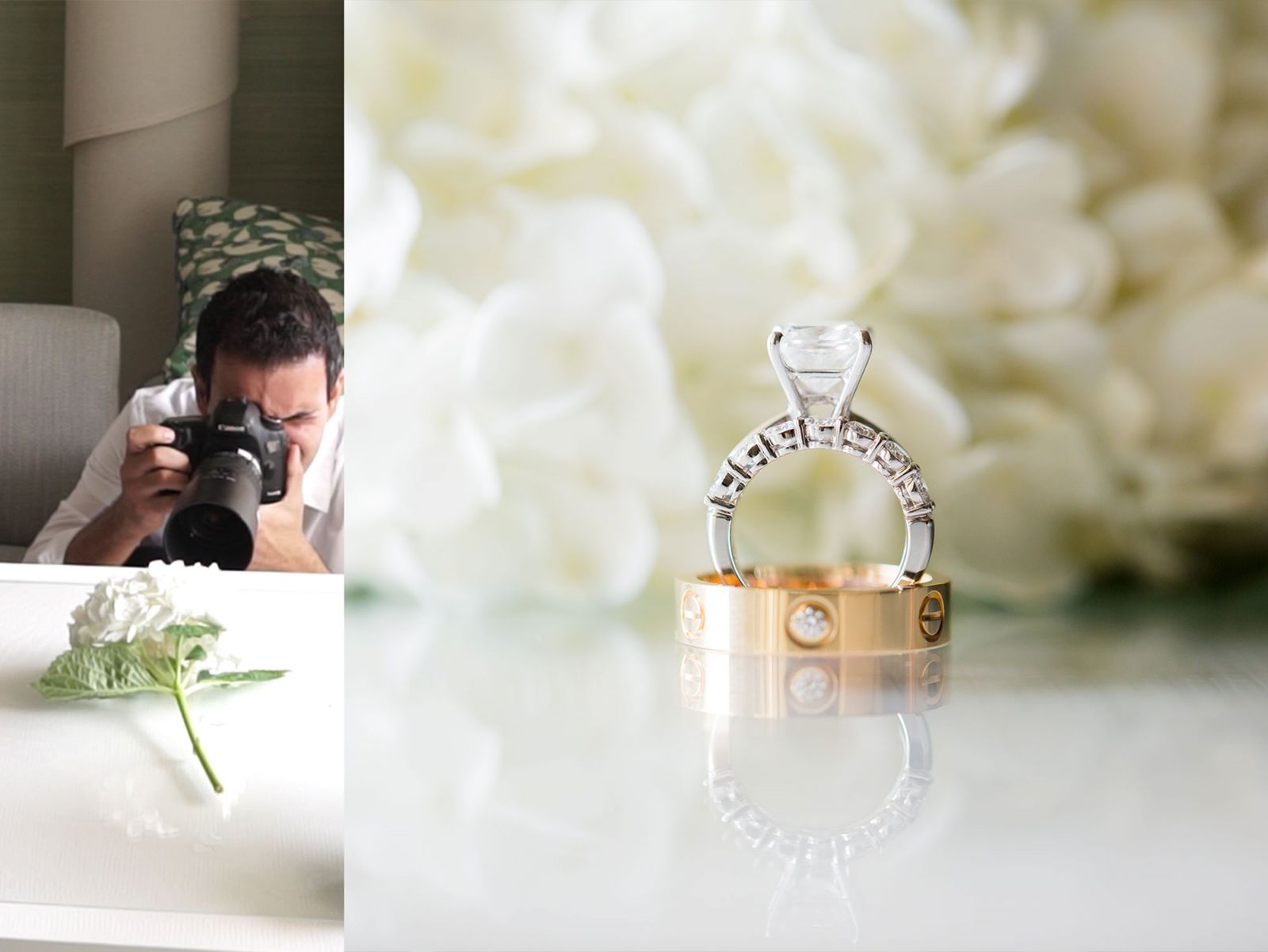 Diamond engagement ring nestled among pink and white roses in bridal bouquet