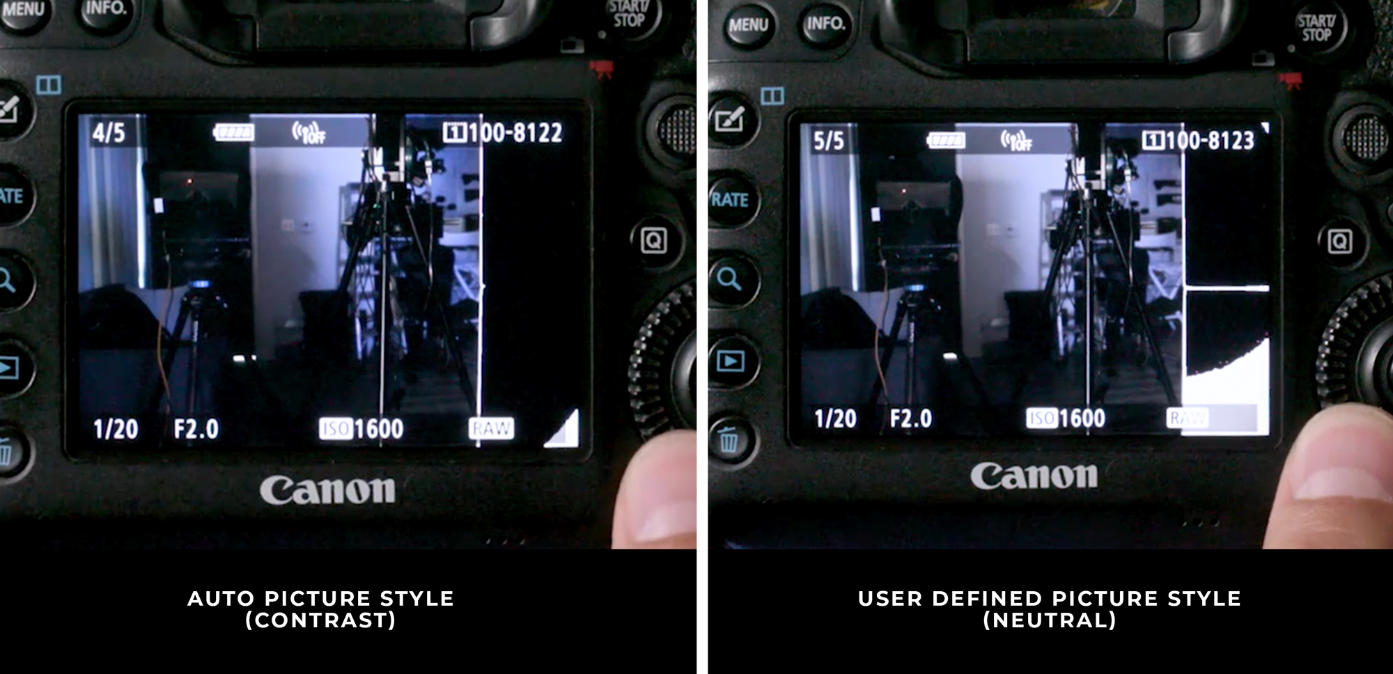 Camera picture style settings showing a custom user defined flat profile with contrast sharpness and saturation reduced for better in-camera exposure evaluation