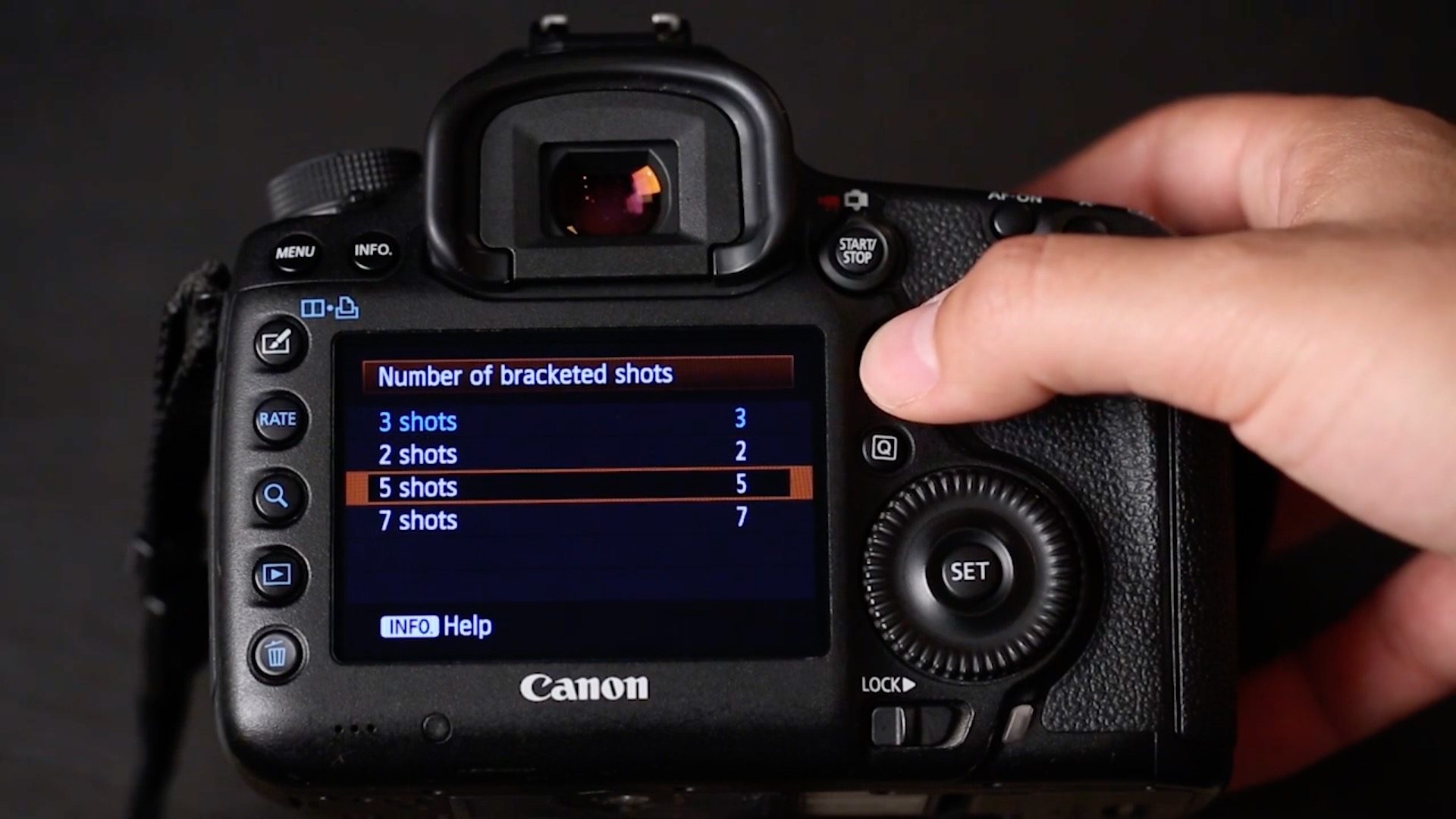 Canon camera menu showing Auto Exposure Bracketing configuration with number of frames and exposure increment settings visible