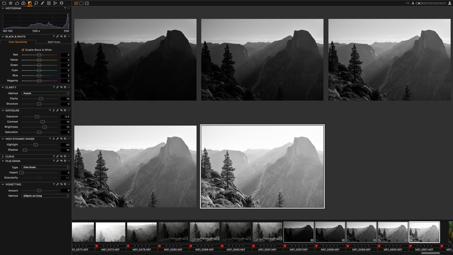 Three bracketed exposure frames shown in Capture One for Nikon including an underexposed dark frame a correctly exposed frame and an overexposed bright frame