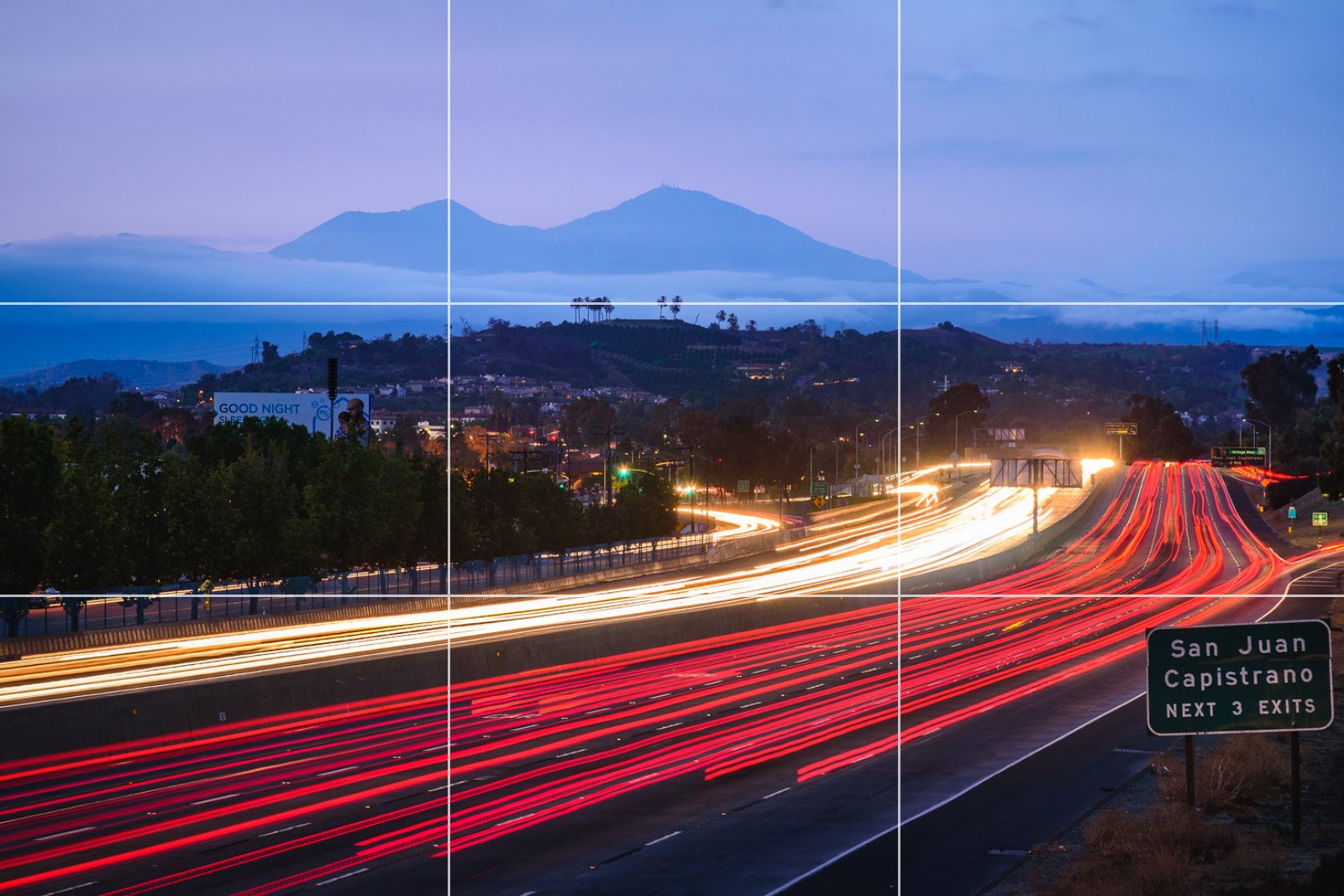 Landscape photograph where rule of thirds is broken intentionally using leading lines and contrast for composition