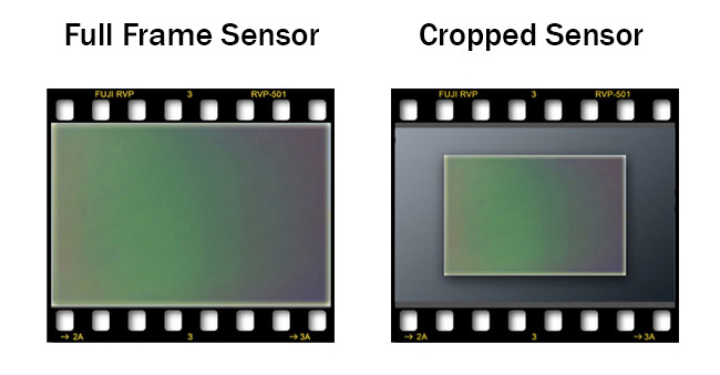 Diagram comparing full frame and APS-C crop sensor sizes showing the relative dimensions of each format