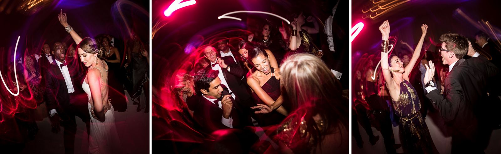 Wedding dance floor photographs showing creative light streak effects created using the camera twist technique with slow shutter speed and on camera flash
