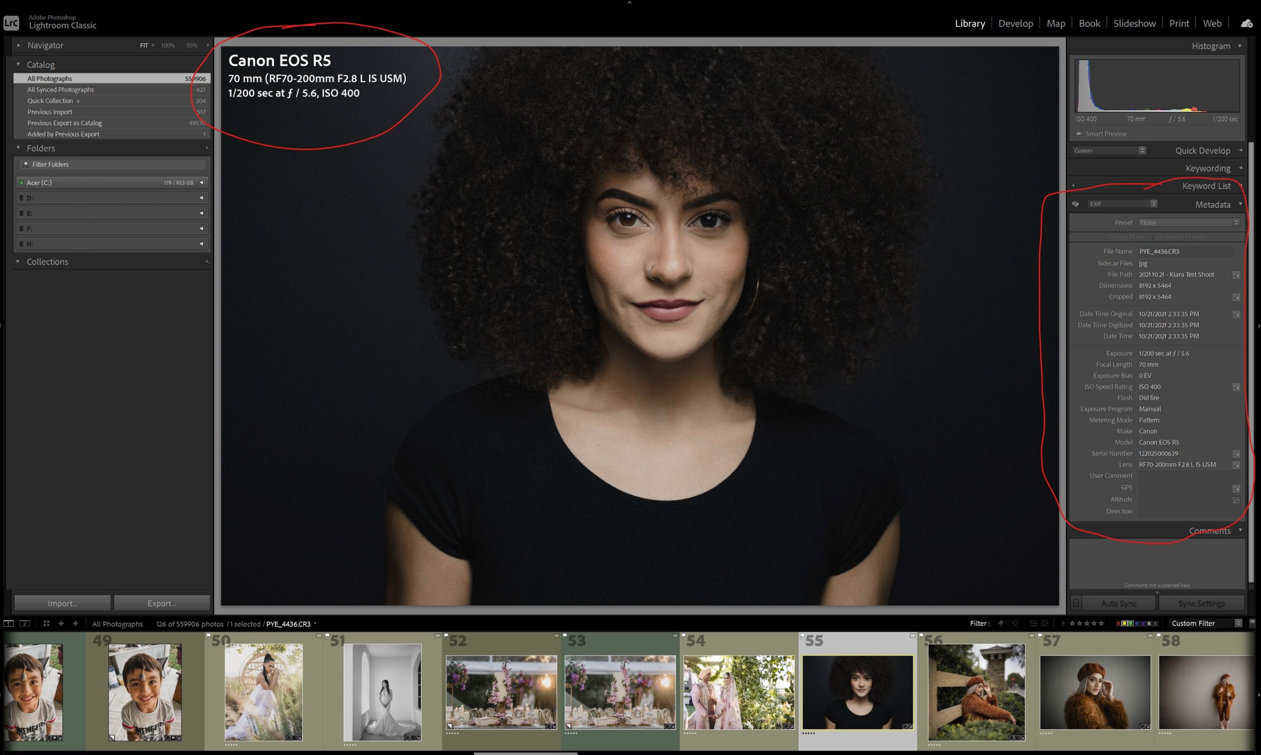 Adobe Lightroom interface showing EXIF data panel with camera settings lens information and exposure details displayed alongside a landscape photograph