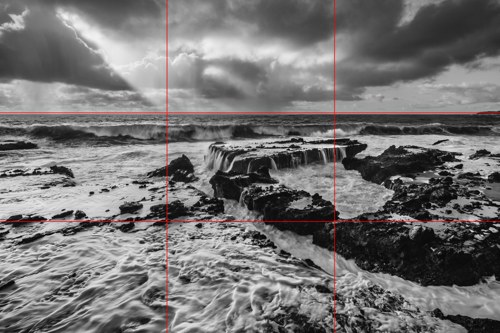 Landscape photograph with horizon placed on upper rule of thirds line to emphasize foreground