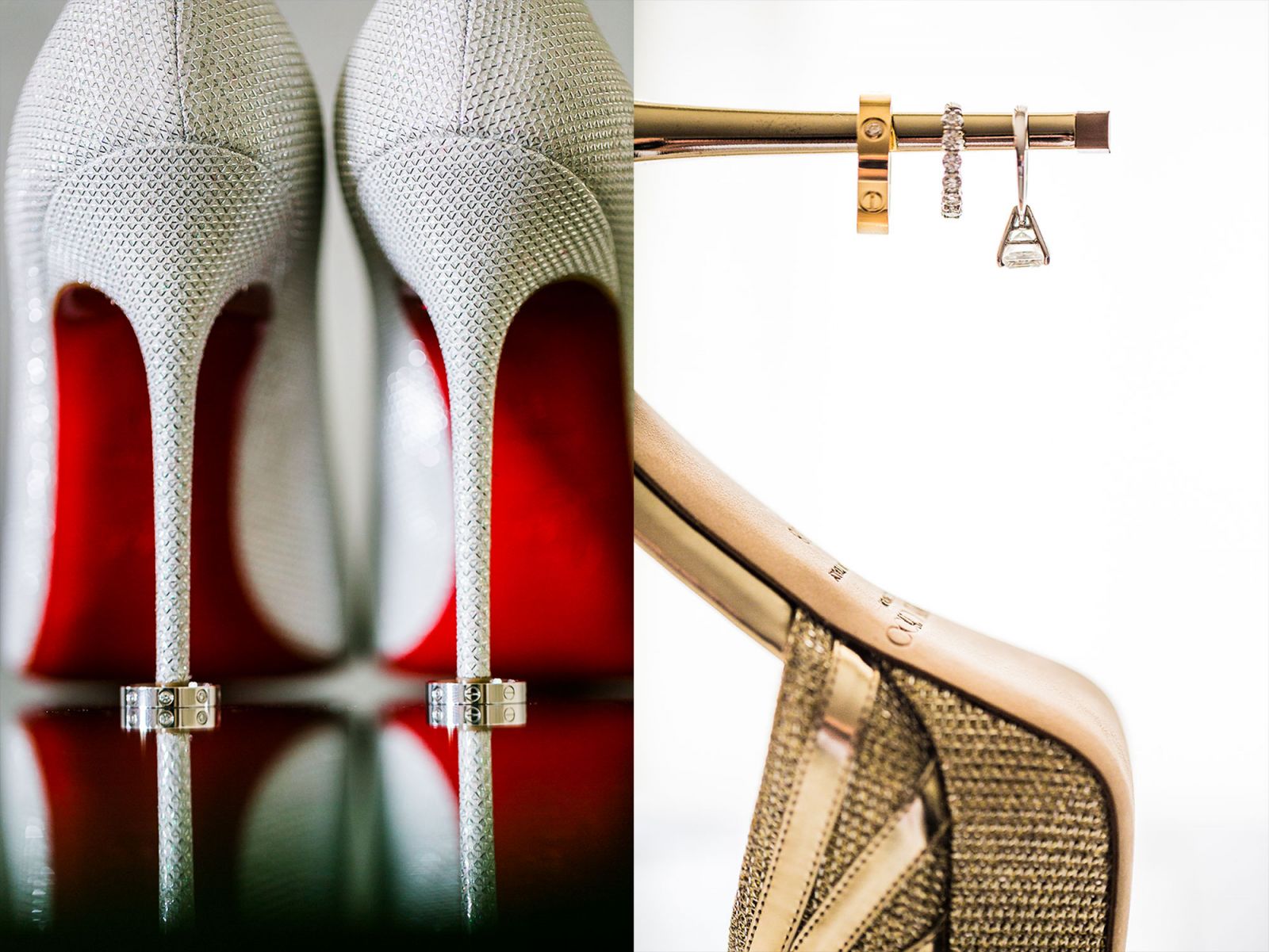 Wedding rings balanced on designer bridal shoe heel with soft bokeh background