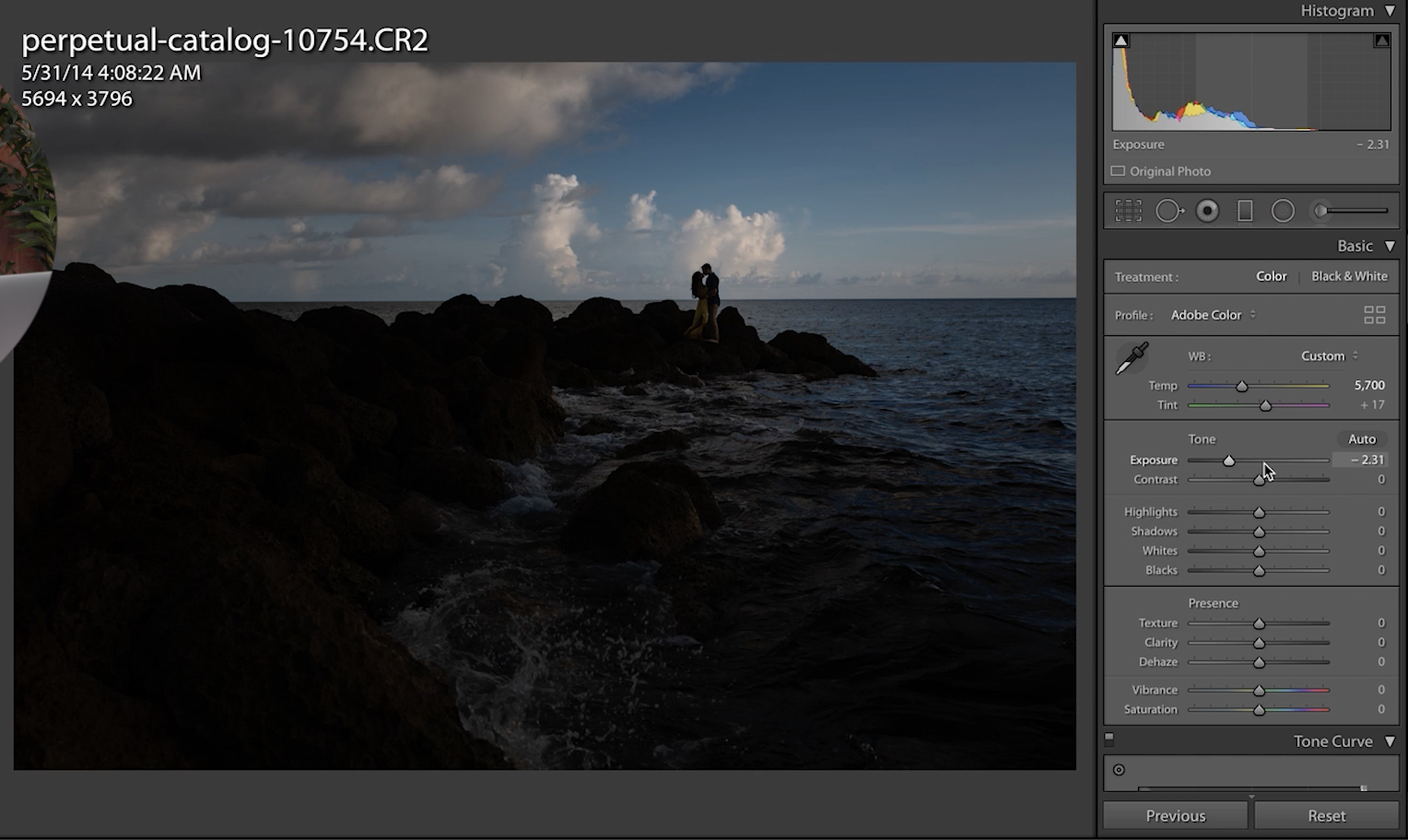 Histogram showing shadow clipping on the left side of the graph indicating underexposure has resulted in lost shadow detail that cannot be recovered