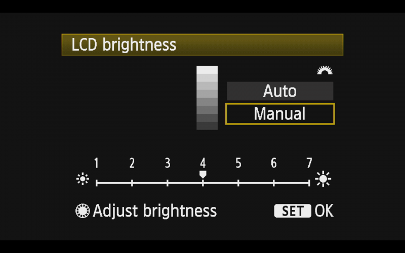 Camera LCD brightness setting menu showing manual brightness control to prevent over or under exposure decisions based on ambient light conditions